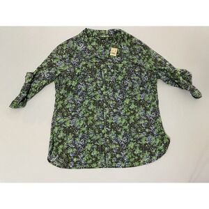 NWT Eddie Bauer Shirt Womens L Green Floral Button Front Lightweight Cotton‎ Top